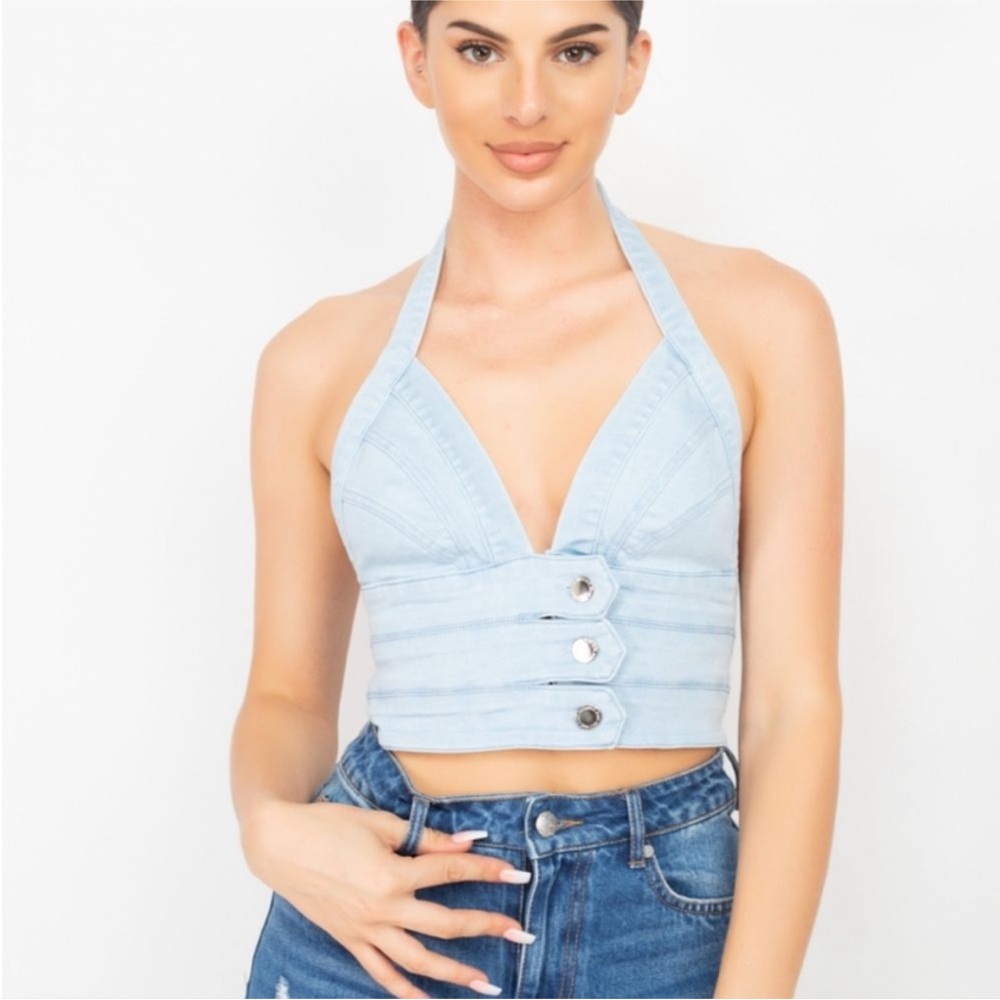 Denim Halter Crop Top Light Blue - Picture 3 of 6